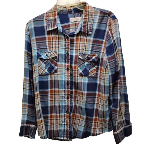 🖤🩷Faded Glory Plaid Flannel Shirt Lot of 2 L Black Pink Blue Brown Bundle 💙🤎 - Picture 4 of 15